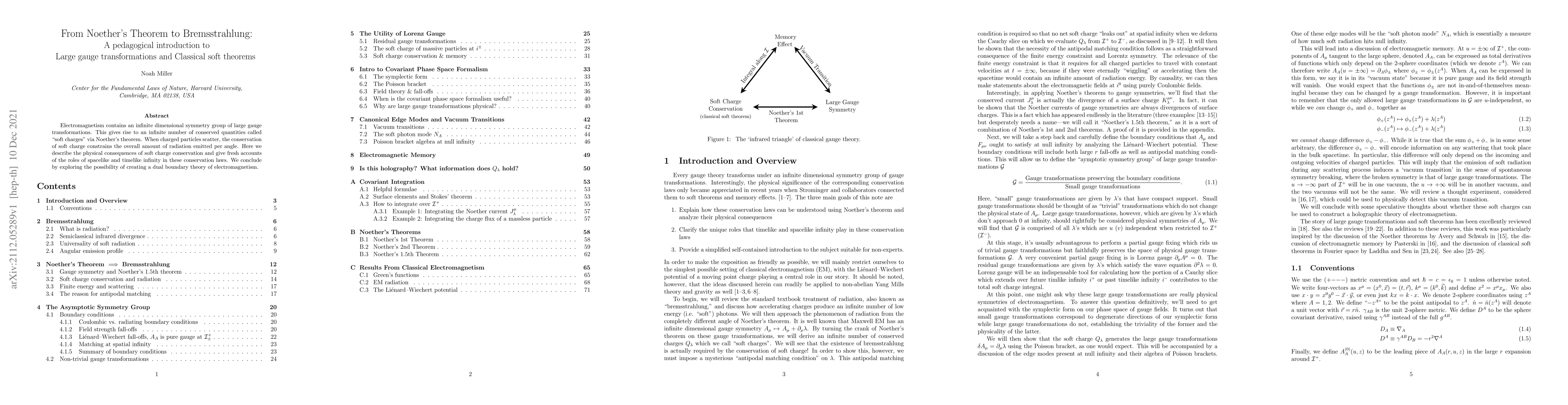Thumbnail for From Noether's Theorem to Bremsstrahlung: a pedagogical introduction to
  large gauge transformations and classical soft theorems