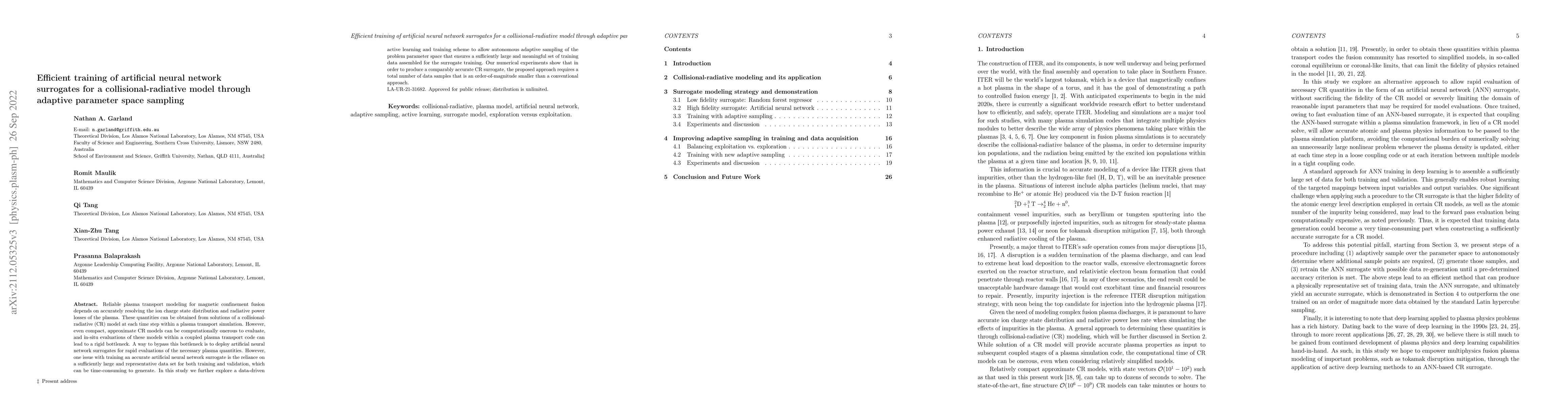 Thumbnail for Efficient training of artificial neural network surrogates for a
  collisional-radiative model through adaptive parameter space sampling