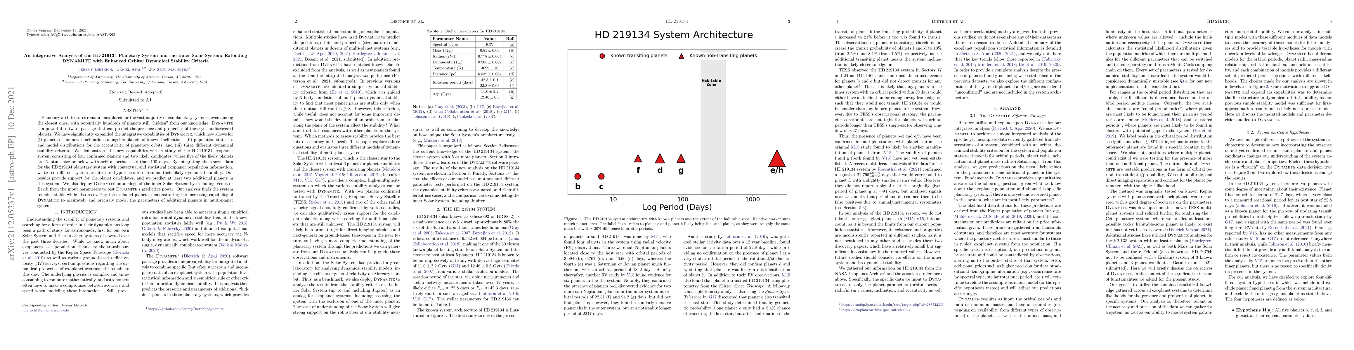 Thumbnail for An Integrative Analysis of the HD 219134 Planetary System and the Inner
  Solar System: Extending DYNAMITE with Enhanced Orbital Dynamical Stability
  Criteria