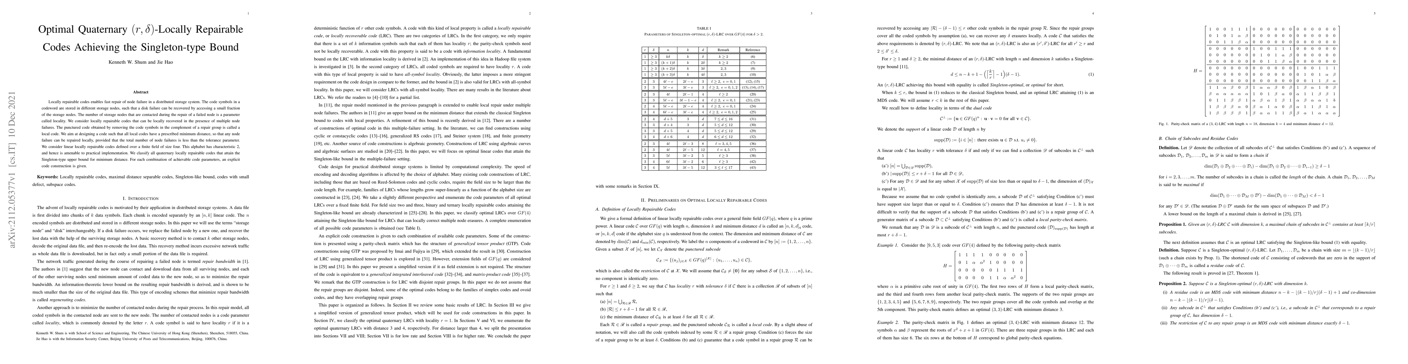 Thumbnail for Optimal Quaternary (r,delta)-Locally Repairable Codes Achieving the
  Singleton-type Bound