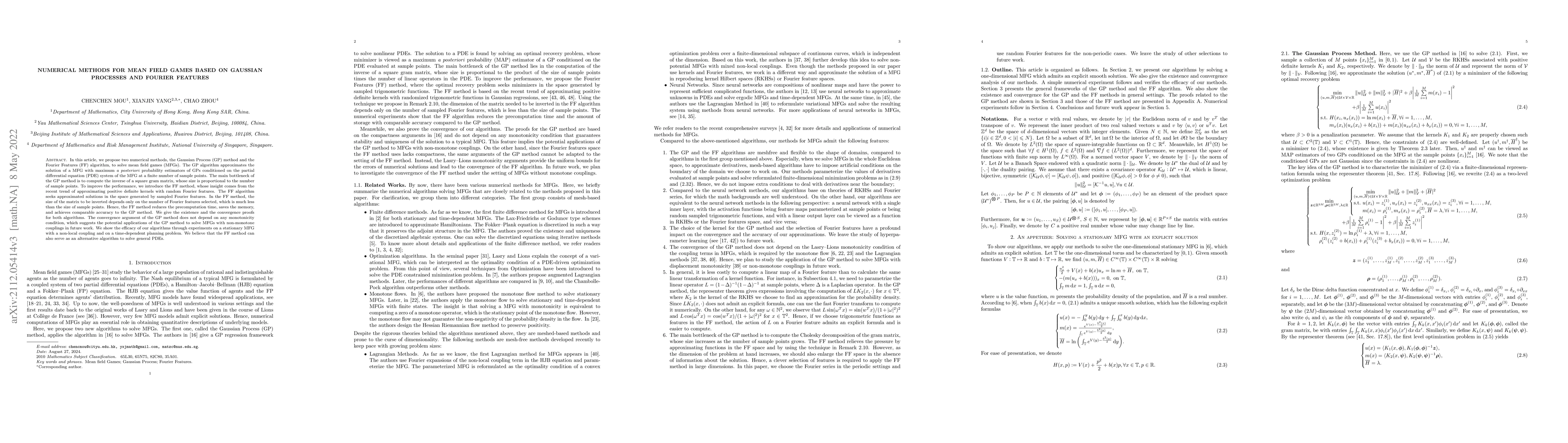 Thumbnail for Numerical methods for Mean field Games based on Gaussian Processes and
  Fourier Features