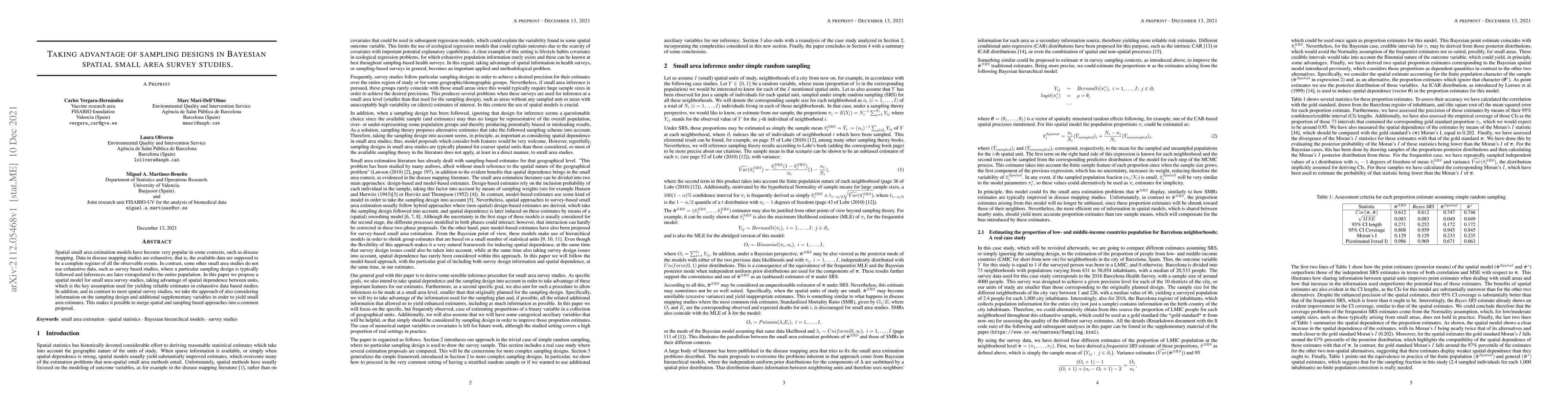 Thumbnail for Taking advantage of sampling deisgns in Bayesian spatial small ares
  survey studies