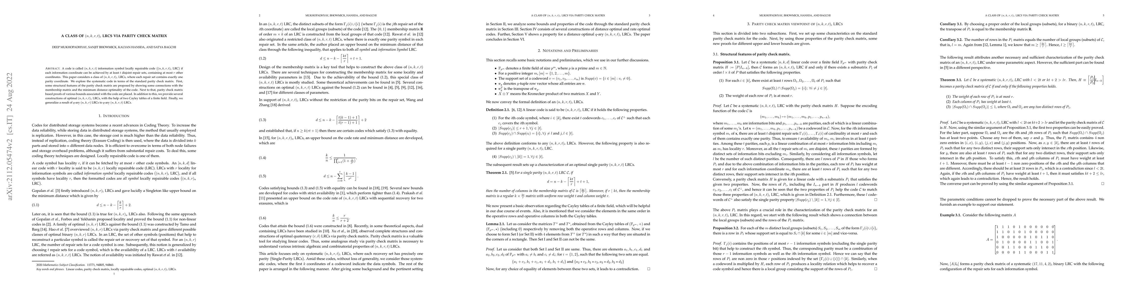 Thumbnail for A Class of $(n, k, r, t)_i$ LRCs Via Parity Check Matrix