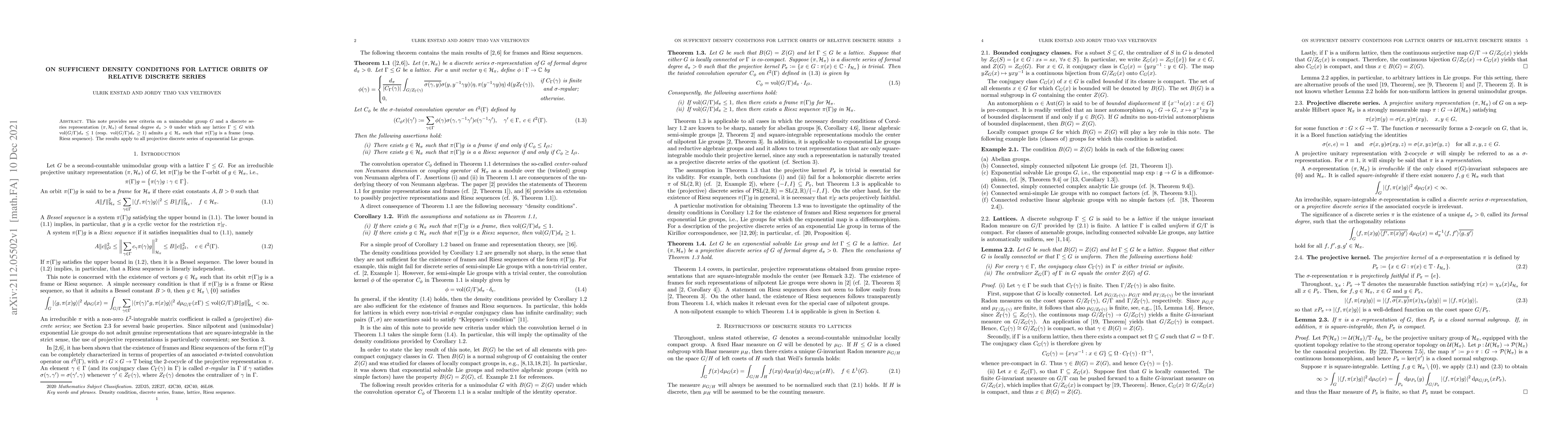 Thumbnail for On sufficient density conditions for lattice orbits of relative discrete
  series