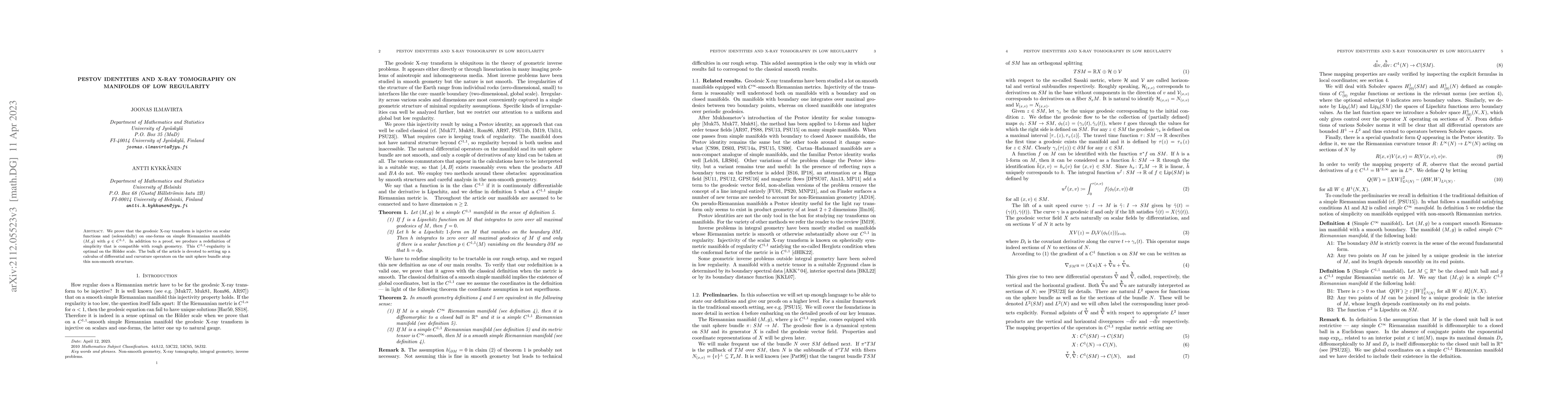 Thumbnail for Pestov identities and X-ray tomography on manifolds of low regularity