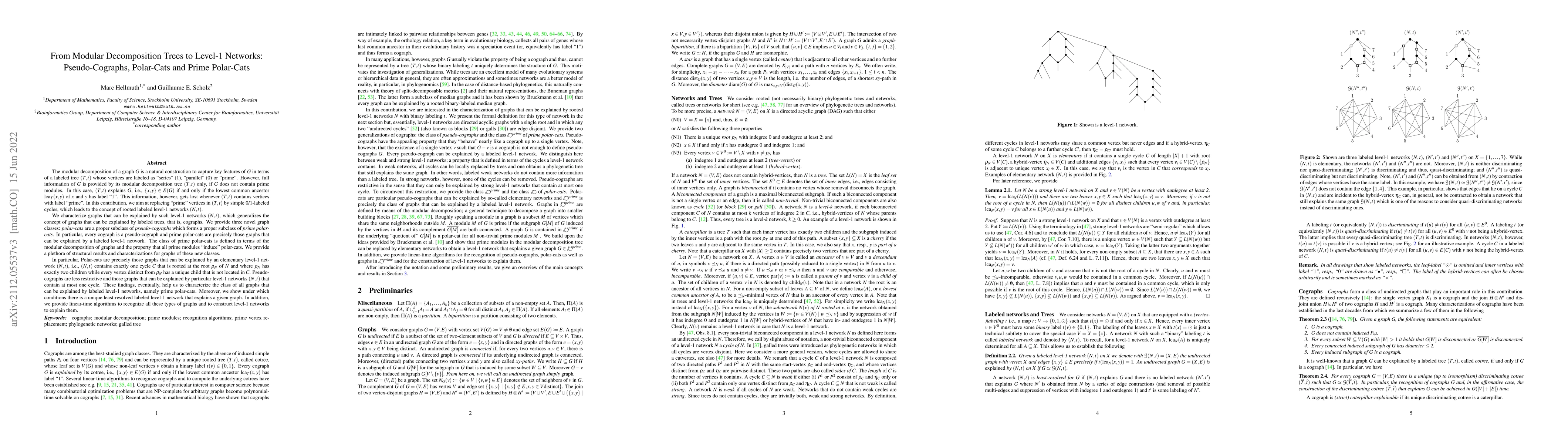 Thumbnail for From Modular Decomposition Trees to Level-1 Networks: Pseudo-Cographs,
  Polar-Cats and Prime Polar-Cats
