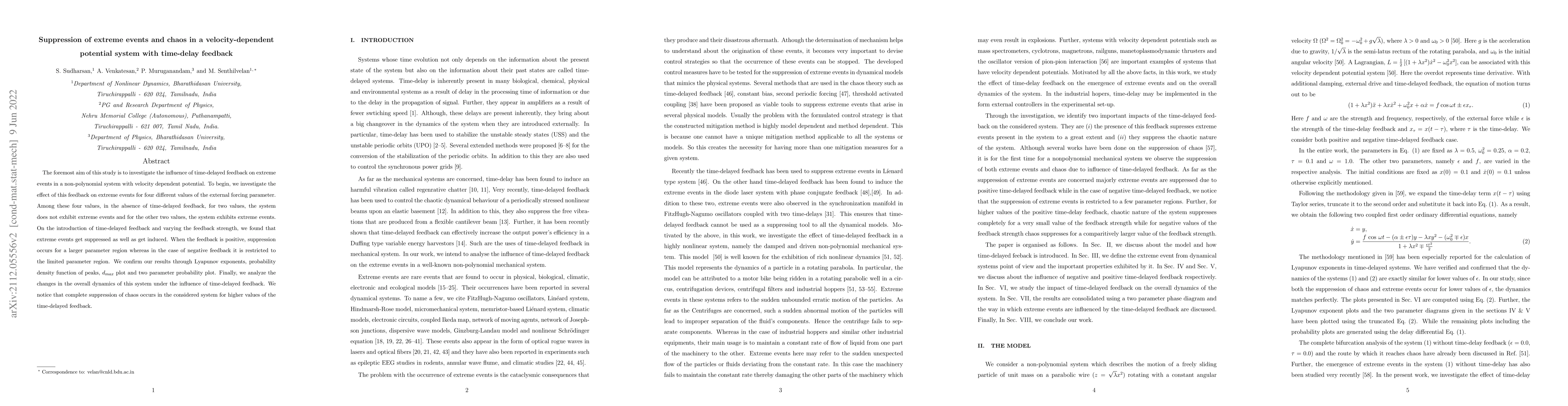Thumbnail for Suppression of extreme events and chaos in a velocity-dependent
  potential system with time-delay feedback