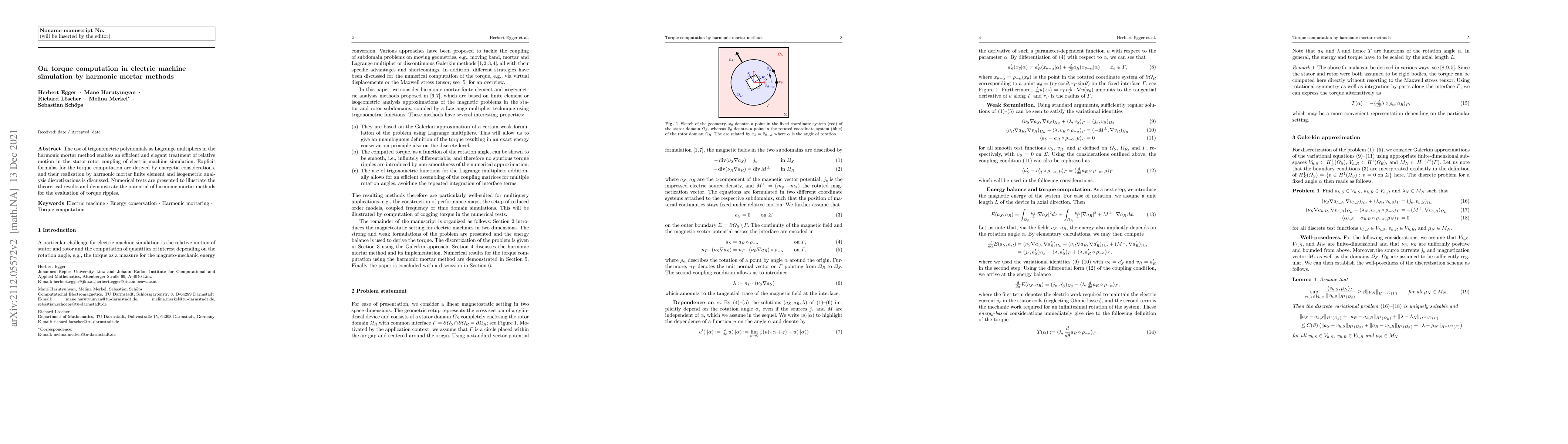 Thumbnail for On torque computation in electric machine simulation by harmonic mortar
  methods