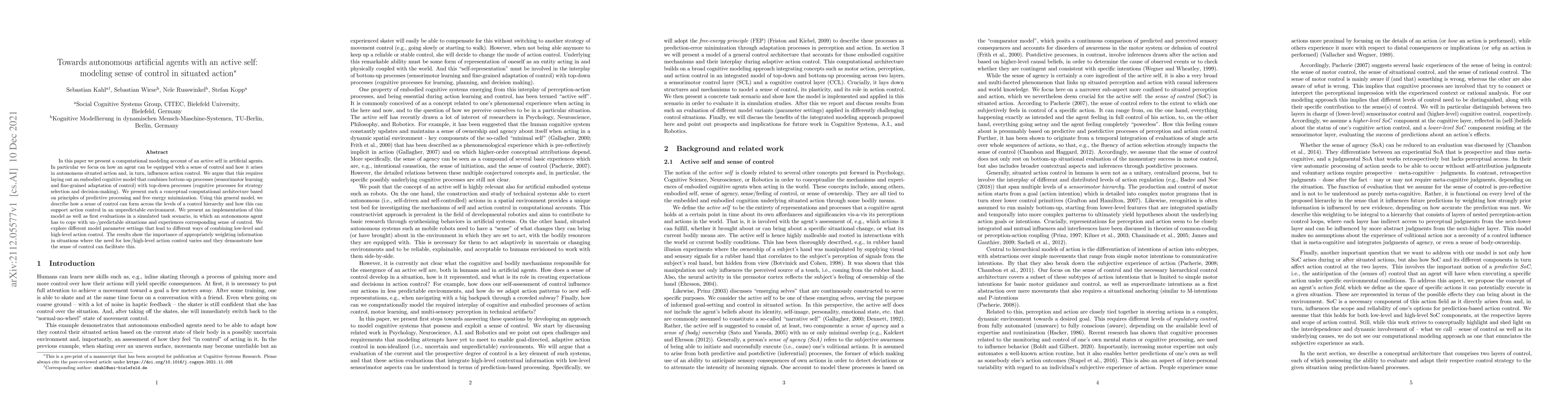 Thumbnail for Towards autonomous artificial agents with an active self: modeling sense
  of control in situated action