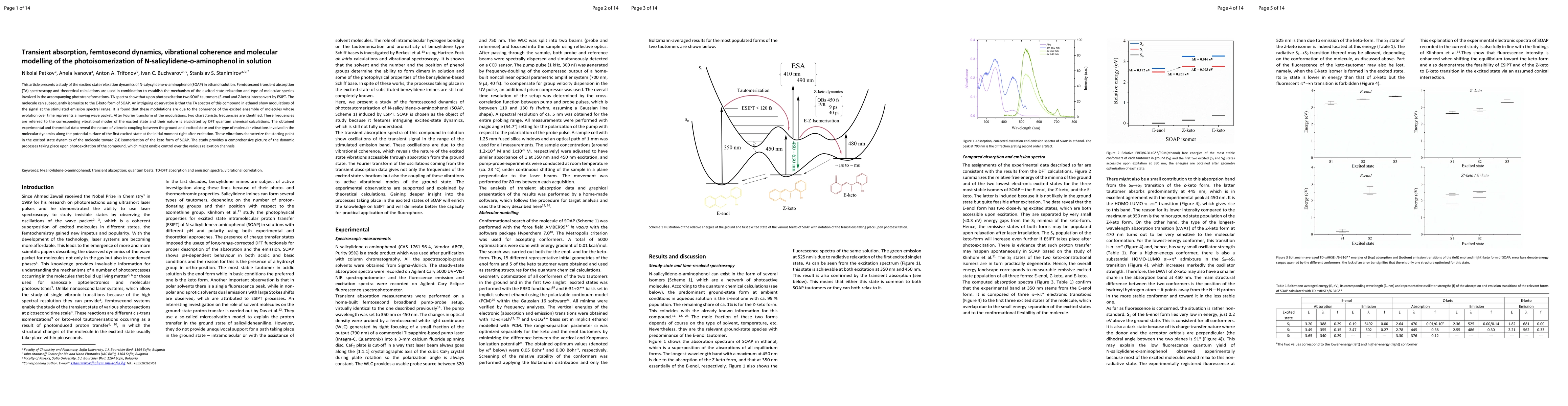 Thumbnail for Transient absorption, femtosecond dynamics, vibrational coherence and
  molecular modelling of the photoisomerization of N-salicylidene-o-aminophenol
  in solution