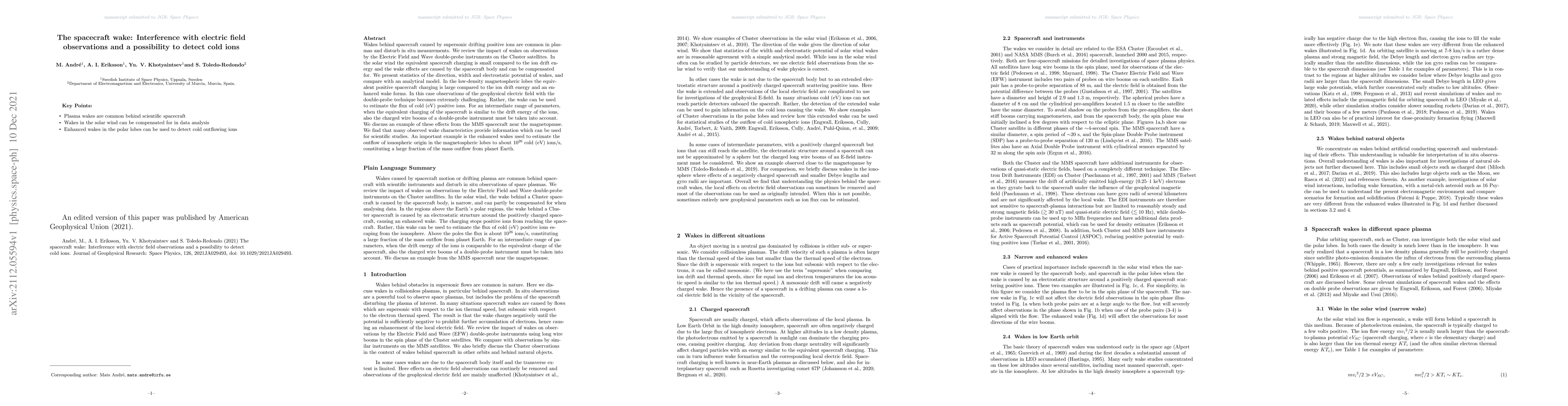 Thumbnail for The spacecraft wake: Interference with electric field observations and a
  possibility to detect cold ions