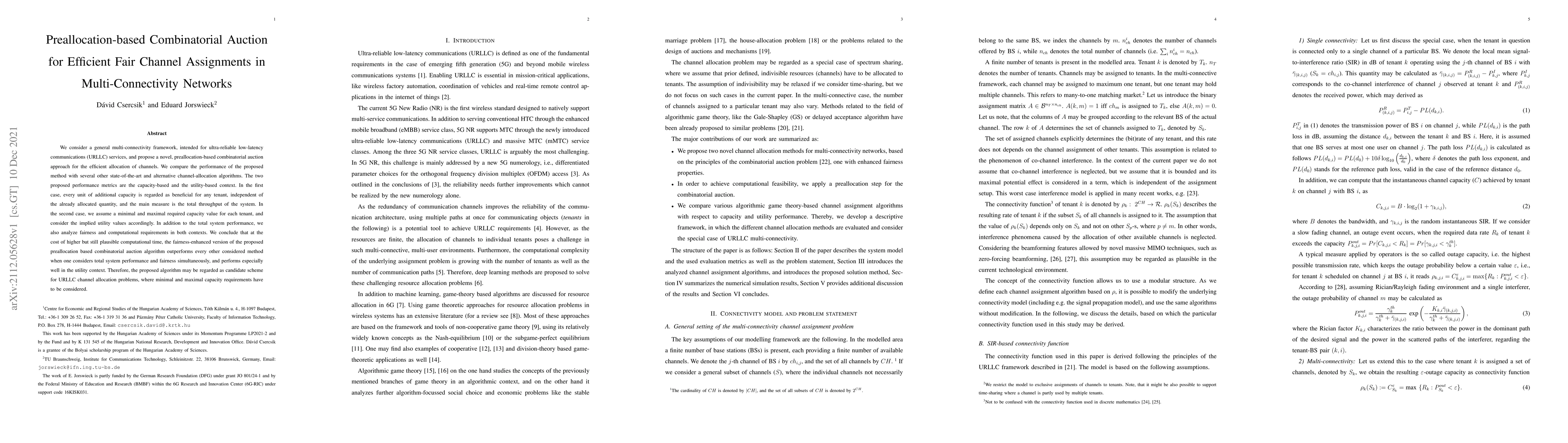 Thumbnail for Preallocation-based Combinatorial Auction for Efficient Fair Channel
  Assignments in Multi-Connectivity Networks