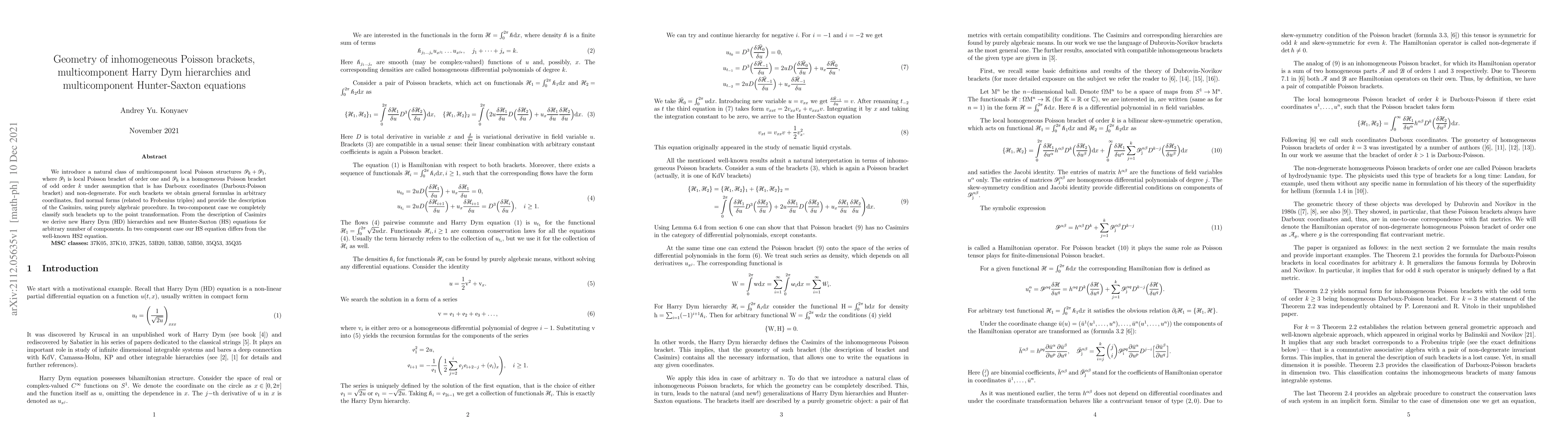 Thumbnail for Geometry of inhomogeneous Poisson brackets, multicomponent Harry Dym
  hierarchies and multicomponent Hunter-Saxton equations