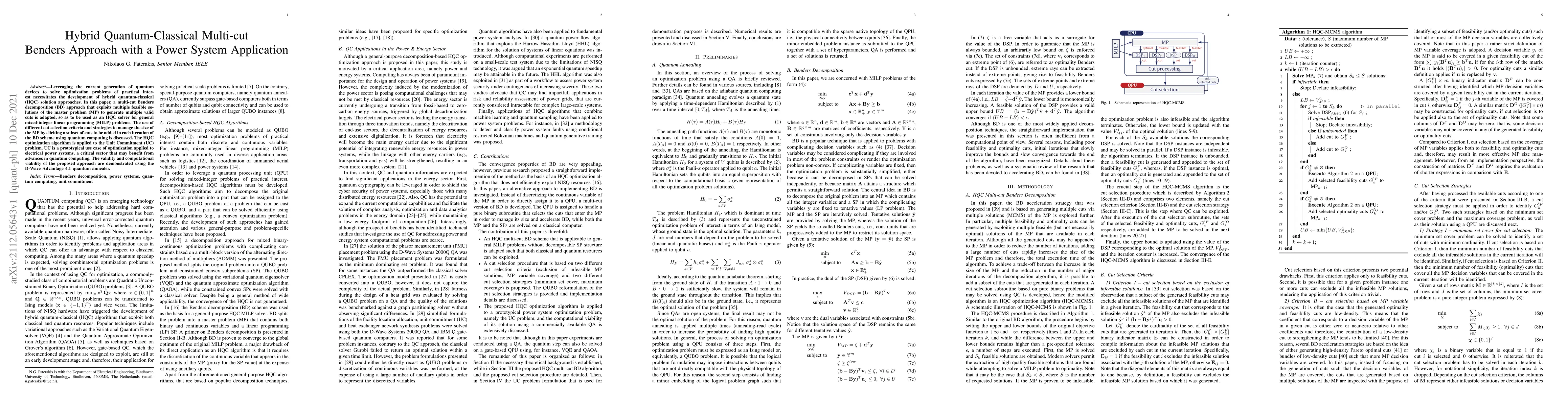 Thumbnail for Hybrid Quantum-Classical Multi-cut Benders Approach with a Power System
  Application