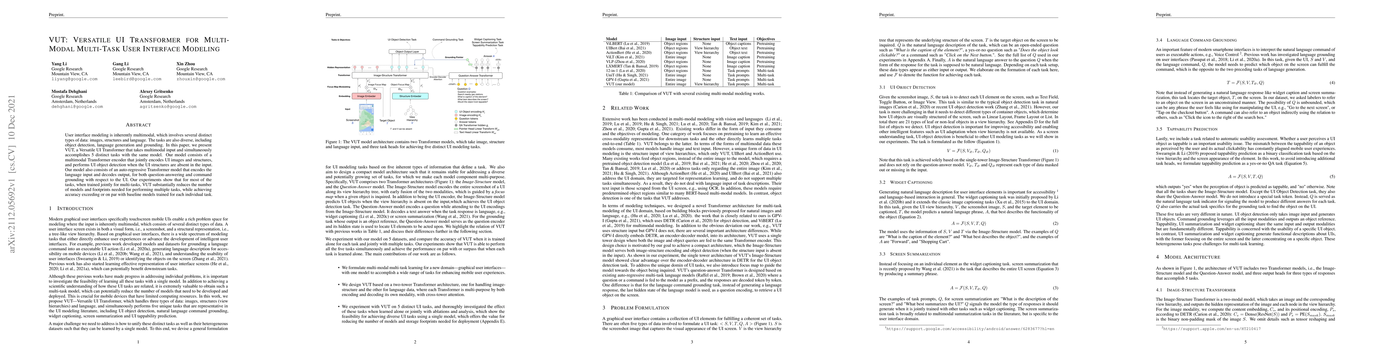 Thumbnail for VUT: Versatile UI Transformer for Multi-Modal Multi-Task User Interface
  Modeling