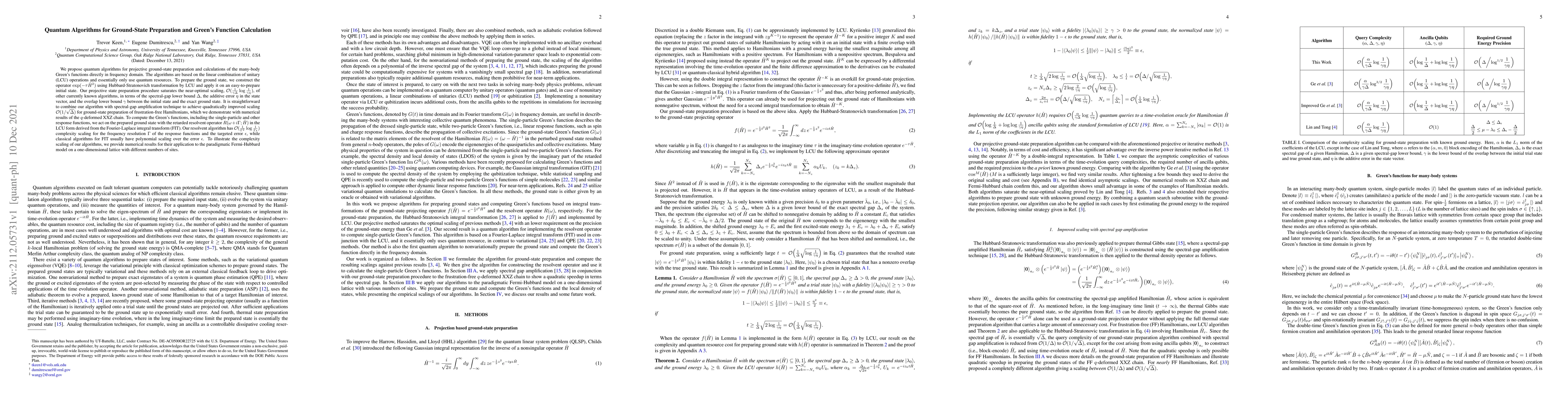 Thumbnail for Quantum Algorithms for Ground-State Preparation and Green's Function
  Calculation