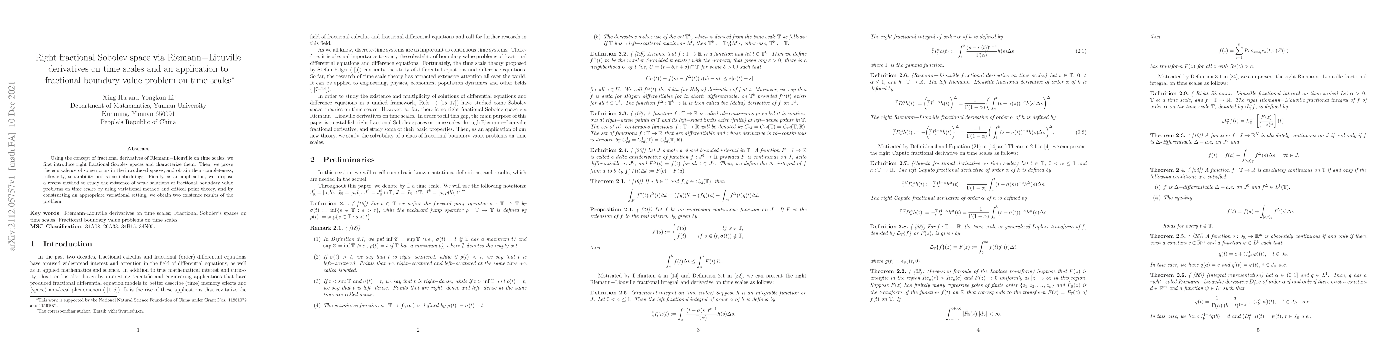 Thumbnail for Right fractional Sobolev space via Riemann$-$Liouville derivatives on
  time scales and an application to fractional boundary value problem on time
  scales