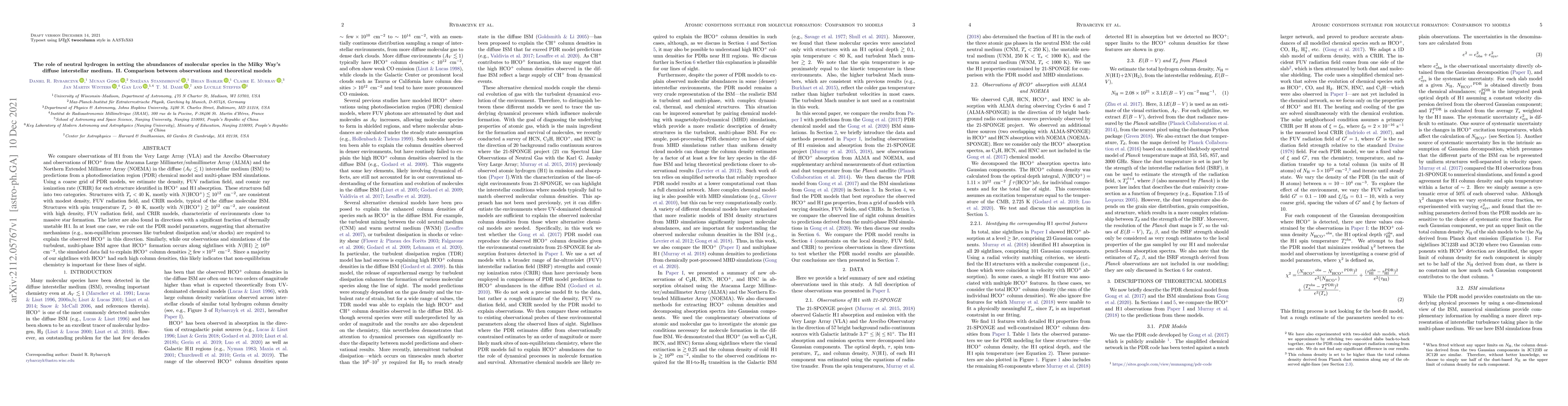 Thumbnail for The role of neutral hydrogen in setting the abundances of molecular
  species in the Milky Way's diffuse interstellar medium. II. Comparison
  between observations and theoretical models