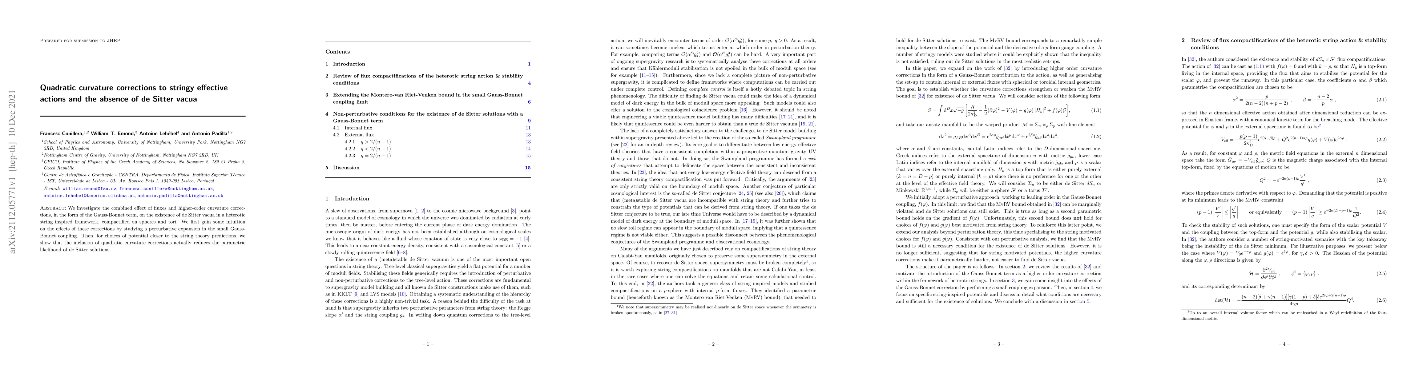 Thumbnail for Quadratic curvature corrections to stringy effective actions and the
  absence of de Sitter vacua