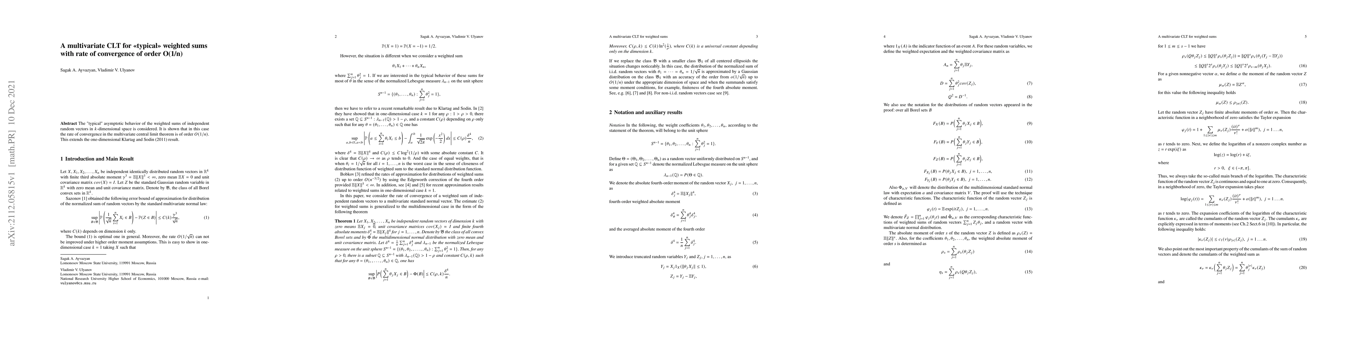 Thumbnail for A multivariate CLT for <<typical>> weighted sums with rate of
  convergence of order O(1/n)