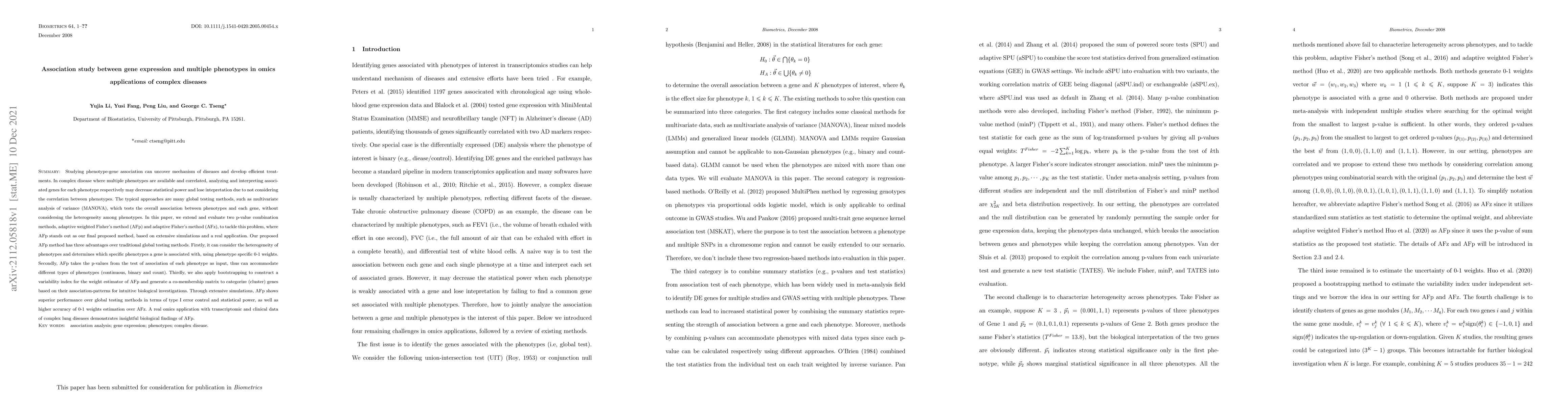Thumbnail for Association study between gene expression and multiple phenotypes in
  omics applications of complex diseases