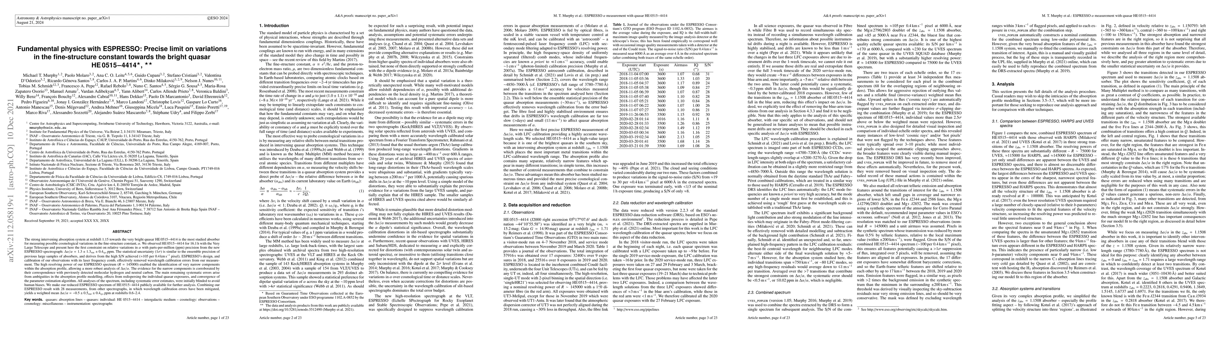 Thumbnail for Fundamental physics with ESPRESSO: Precise limit on variations in the
  fine-structure constant towards the bright quasar HE 0515$-$4414