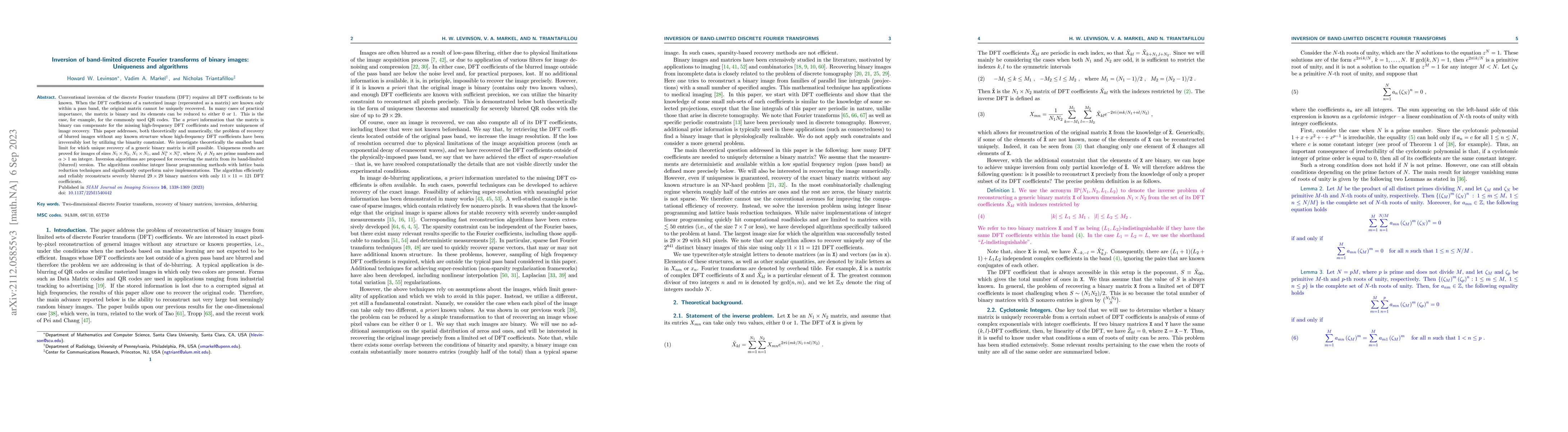 Thumbnail for Inversion of band-limited discrete Fourier transforms of binary images:
  Uniqueness and algorithms