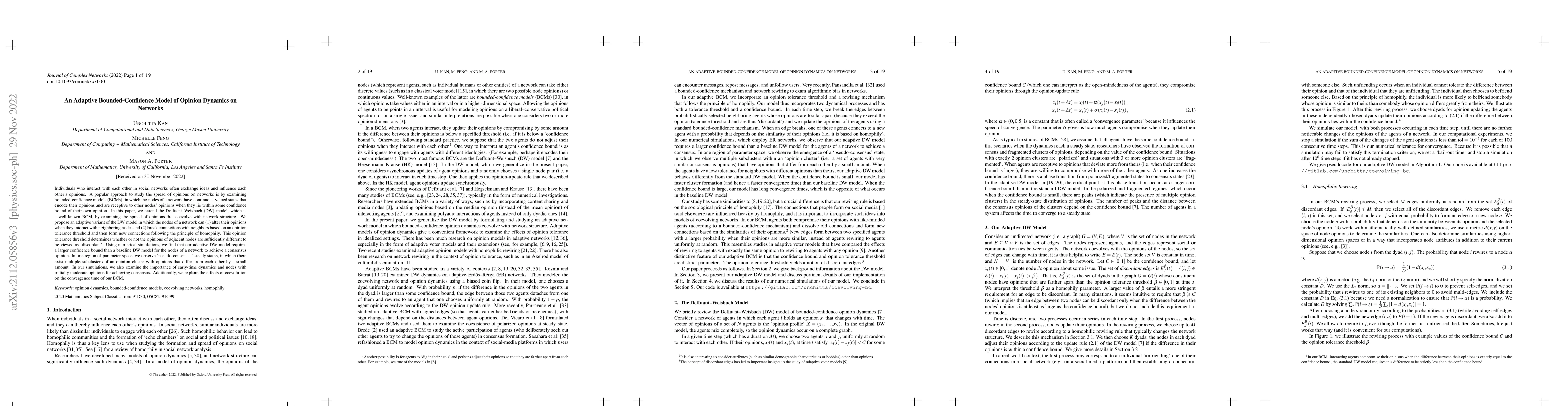 Thumbnail for An Adaptive Bounded-Confidence Model of Opinion Dynamics on Networks