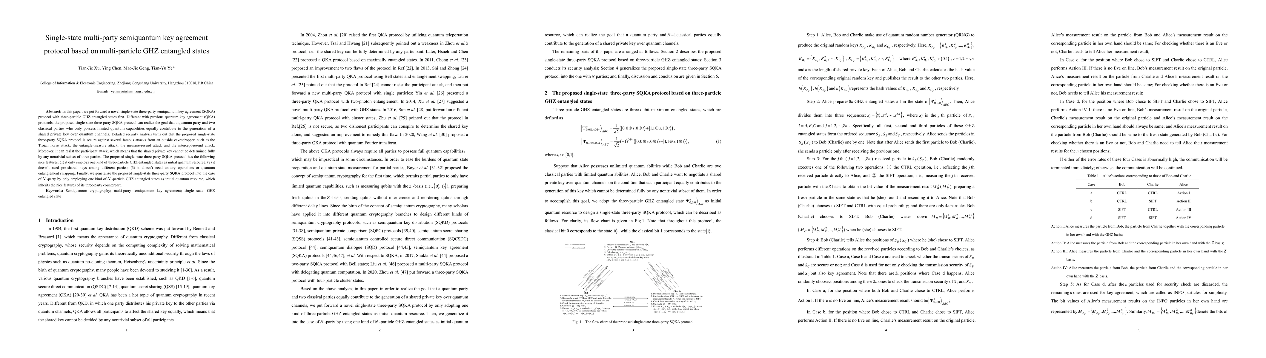 Thumbnail for Single-state multi-party semiquantum key agreement protocol based on
  multi-particle GHZ entangled states