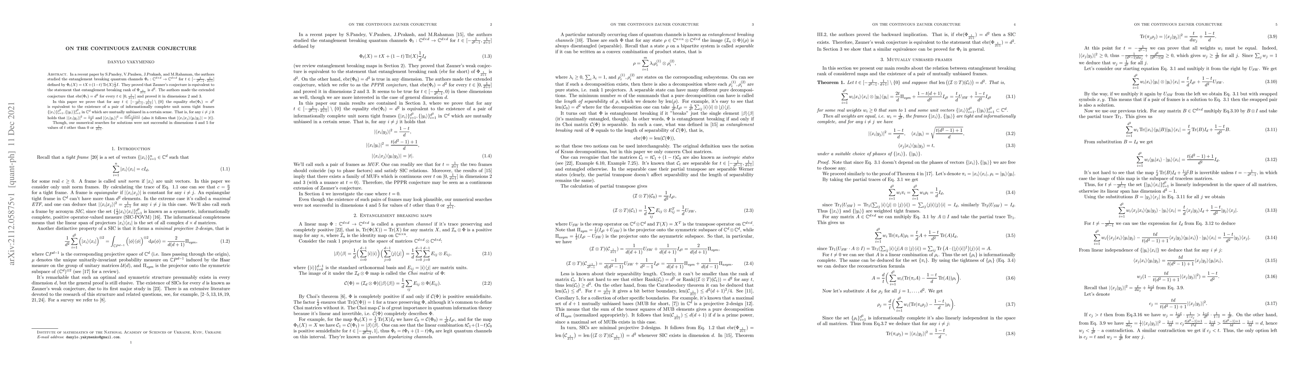 Thumbnail for On the continuous Zauner conjecture