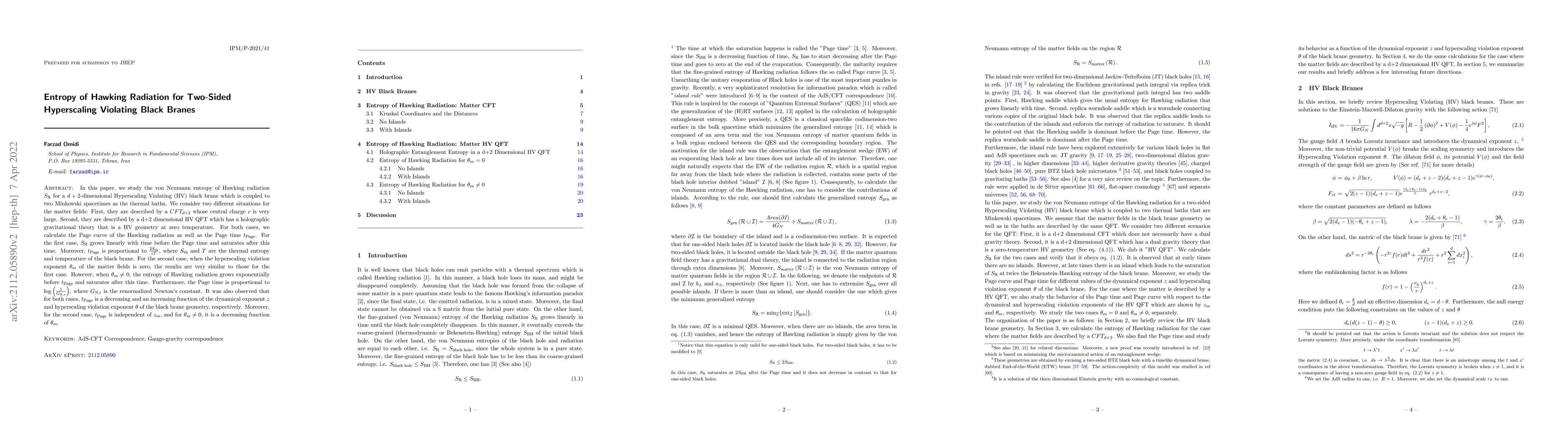 Thumbnail for Entropy of Hawking Radiation for Two-Sided Hyperscaling Violating Black
  Branes