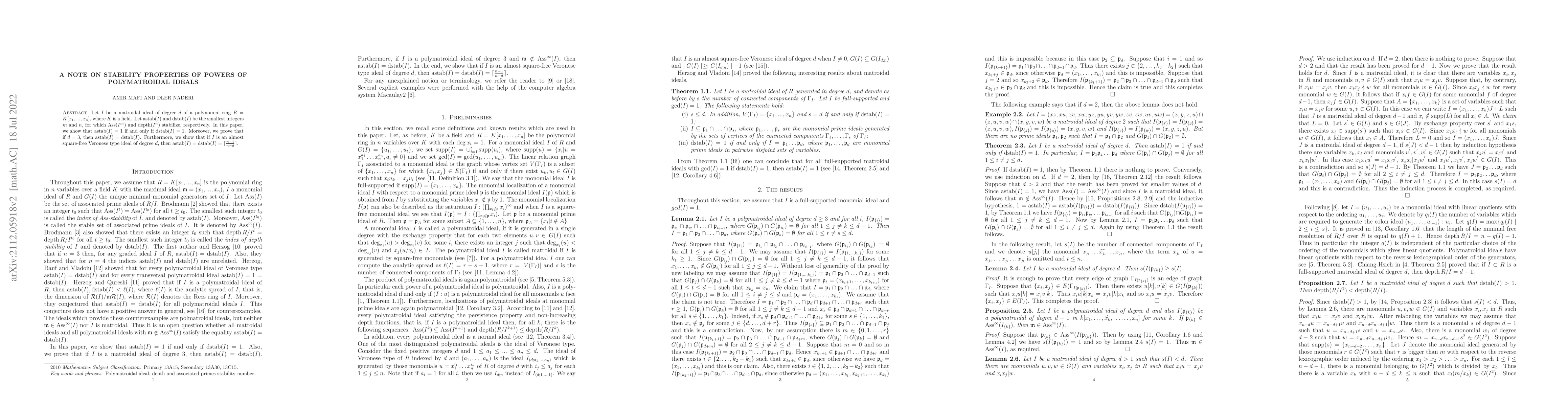 Thumbnail for A note on stability properties of powers of polymatroidal ideals