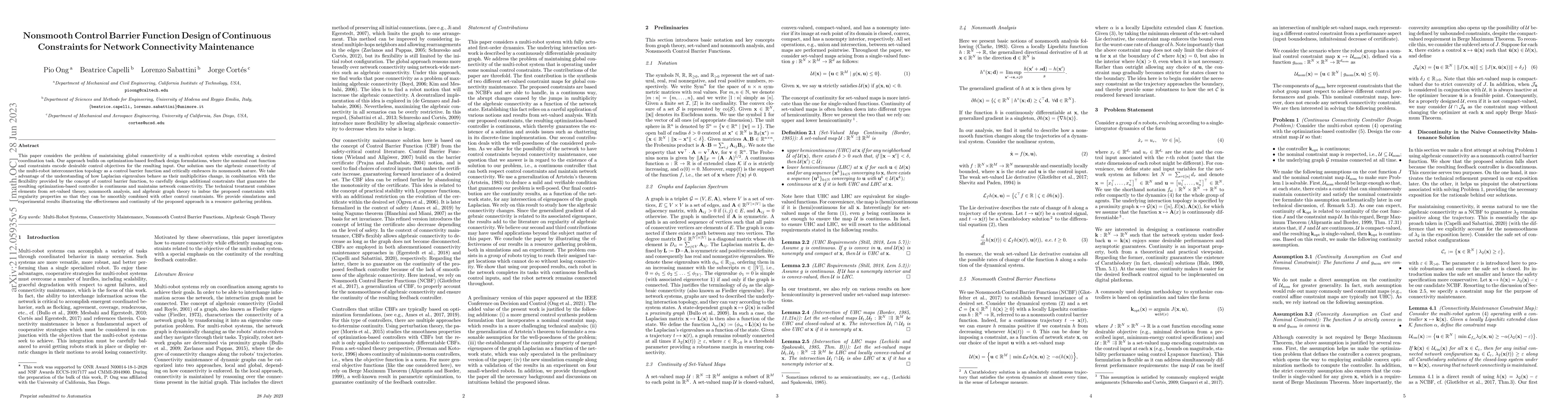 Thumbnail for Nonsmooth Control Barrier Function Design of Continuous Constraints for
  Network Connectivity Maintenance