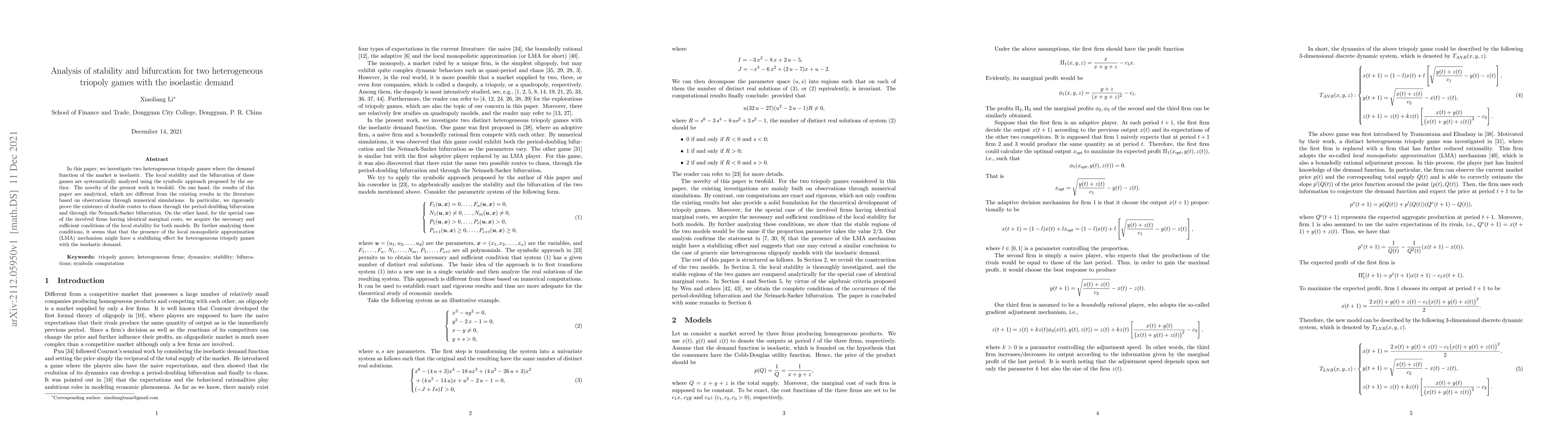 Thumbnail for Analysis of stability and bifurcation for two heterogeneous triopoly
  games with the isoelastic demand