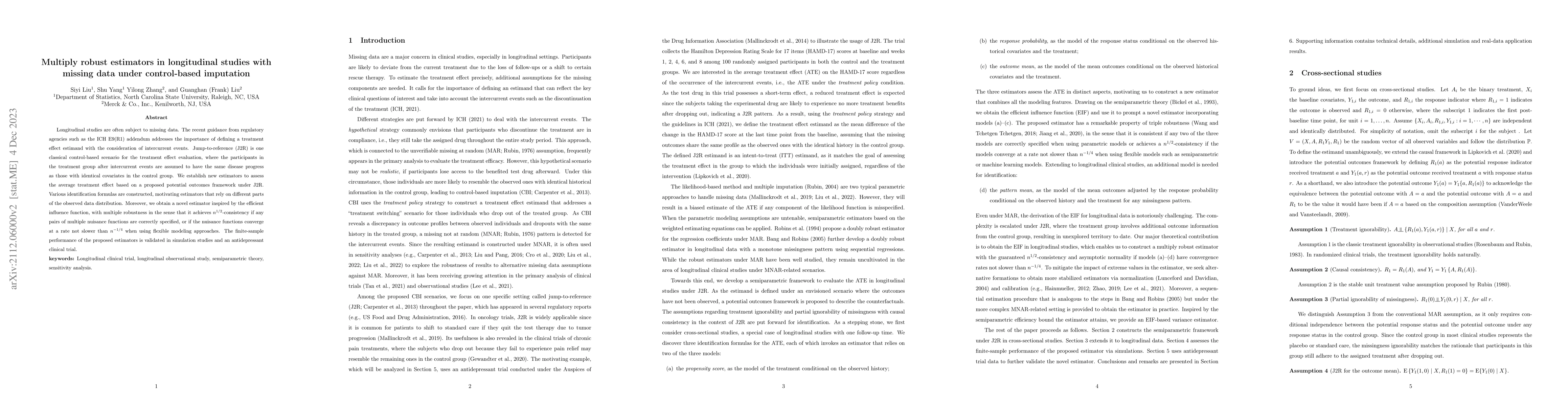 Thumbnail for Multiply robust estimators in longitudinal studies with missing data
  under control-based imputation