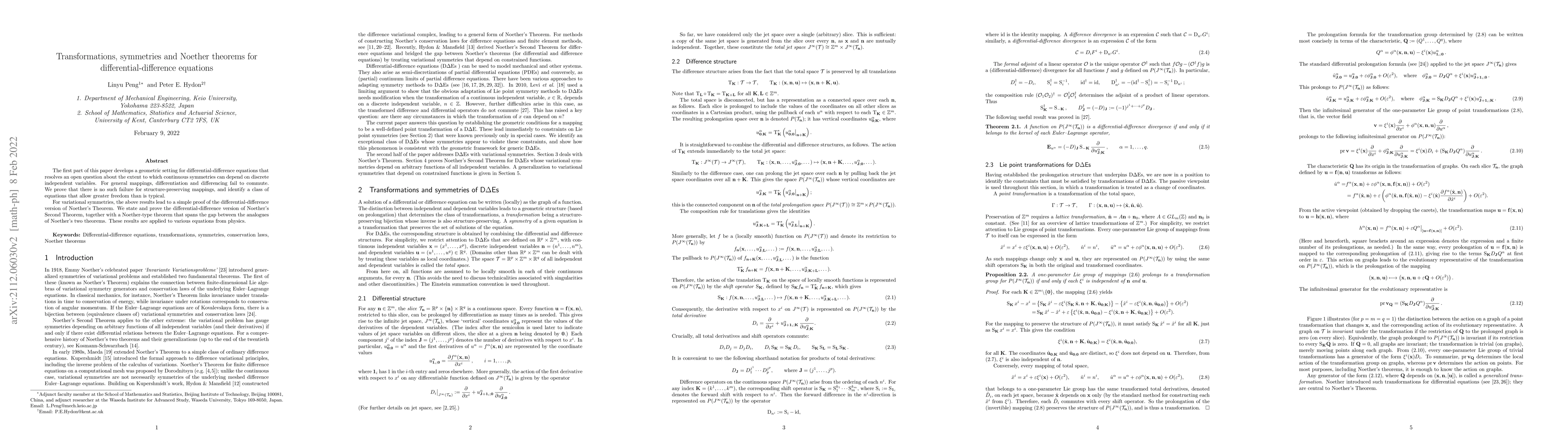 Thumbnail for Transformations, symmetries and Noether theorems for
  differential-difference equations