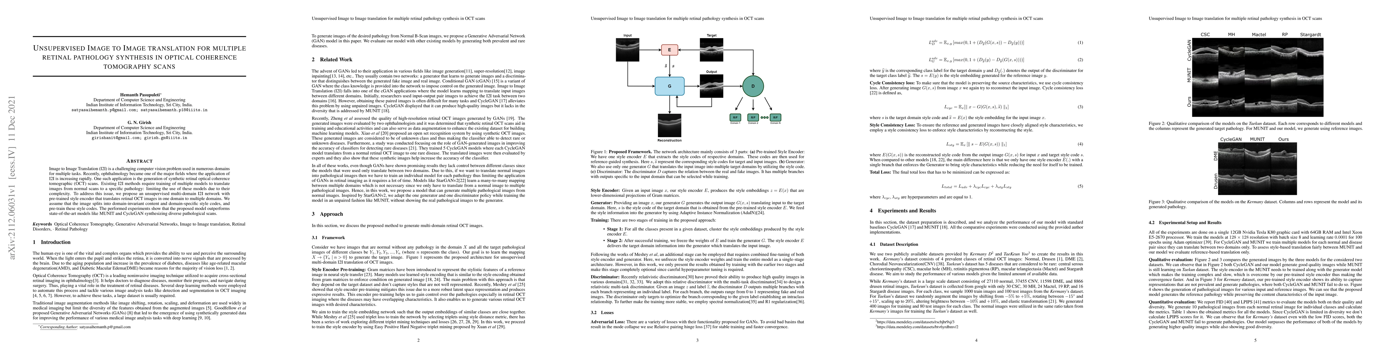 Thumbnail for Unsupervised Image to Image Translation for Multiple Retinal Pathology
  Synthesis in Optical Coherence Tomography Scans