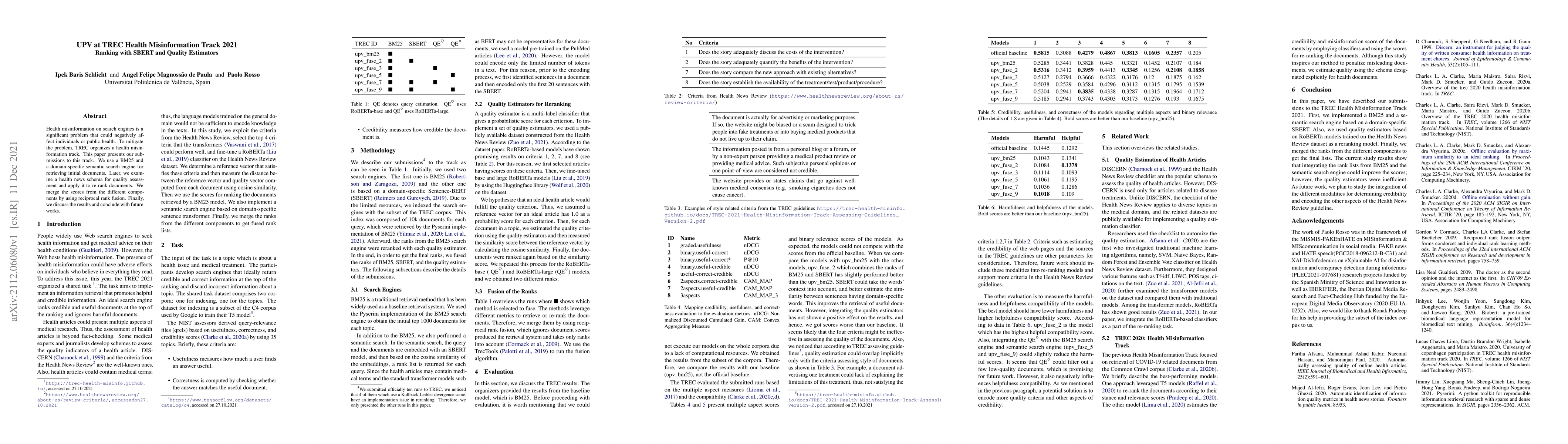 Thumbnail for UPV at TREC Health Misinformation Track 2021 Ranking with SBERT and
  Quality Estimators