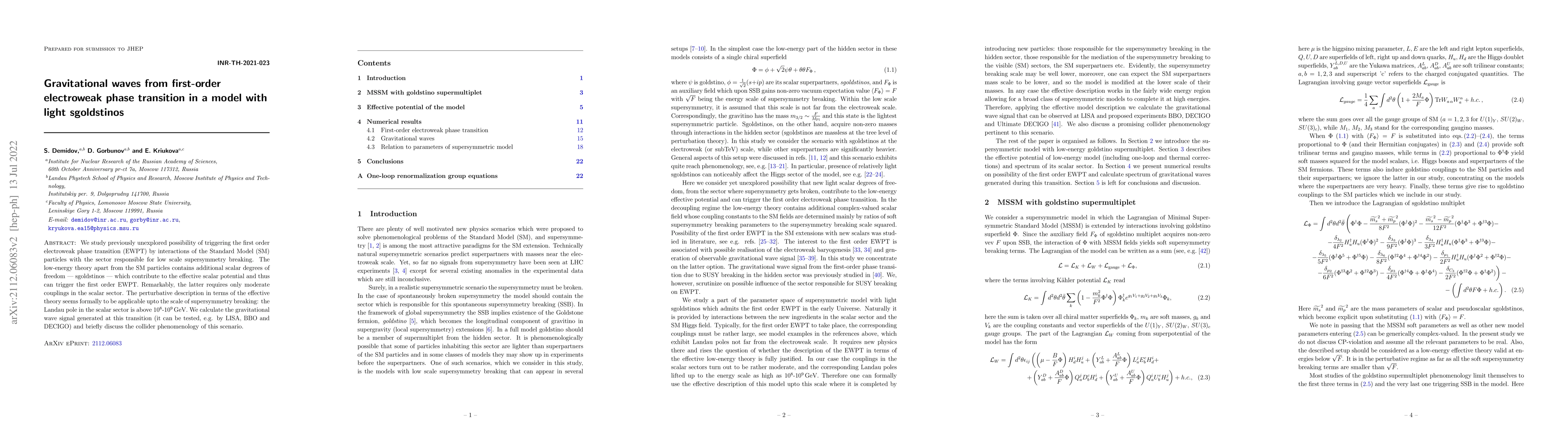Thumbnail for Gravitational waves from first-order electroweak phase transition in a
  model with light sgoldstinos