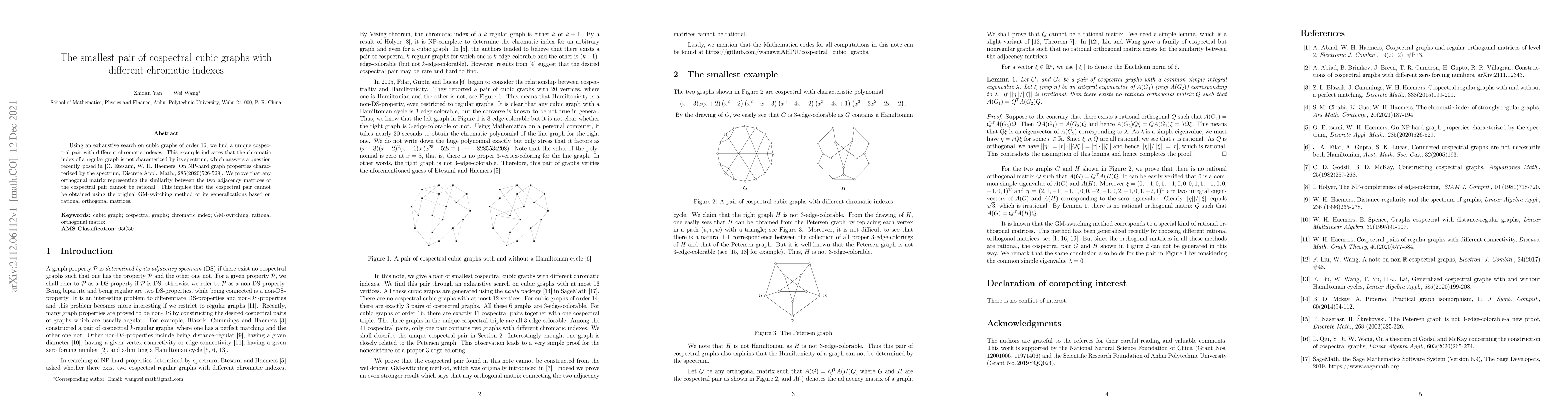 Thumbnail for The smallest pair of cospectral cubic graphs with different chromatic
  indexes