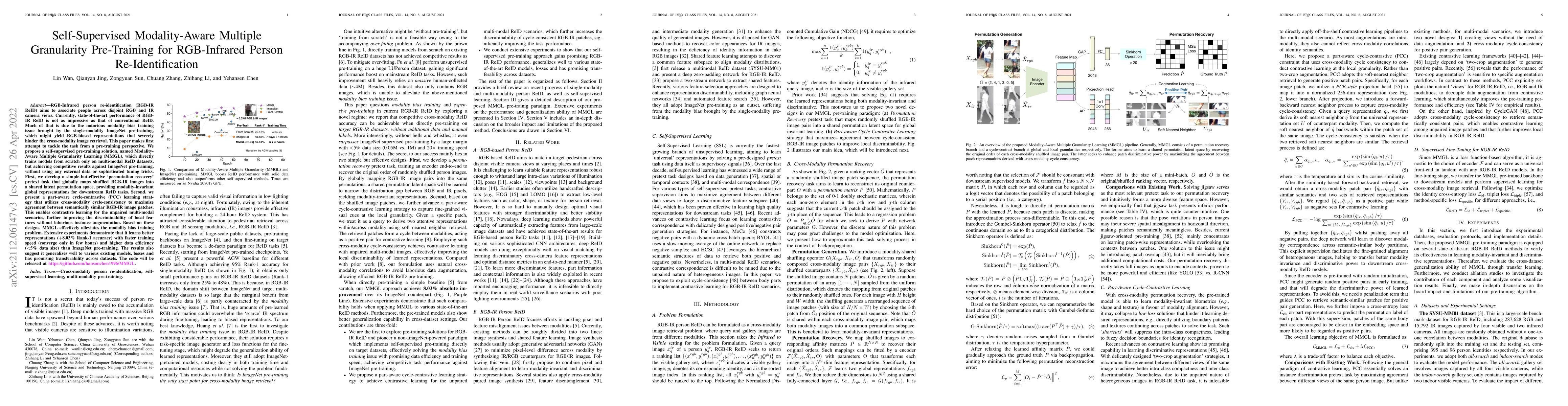 Thumbnail for Self-Supervised Modality-Aware Multiple Granularity Pre-Training for
  RGB-Infrared Person Re-Identification