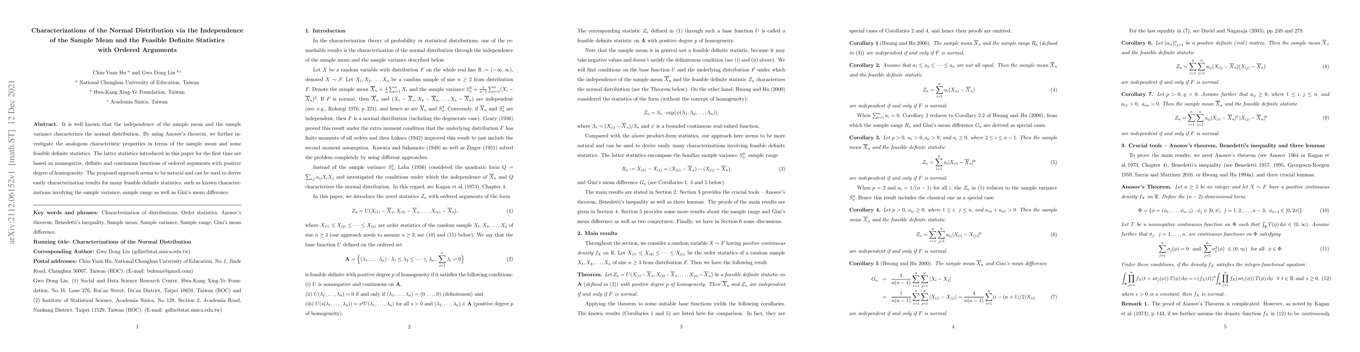 Thumbnail for Characterizations of the Normal Distribution via the Independence of the
  Sample Mean and the Feasible Definite Statistics with Ordered Arguments