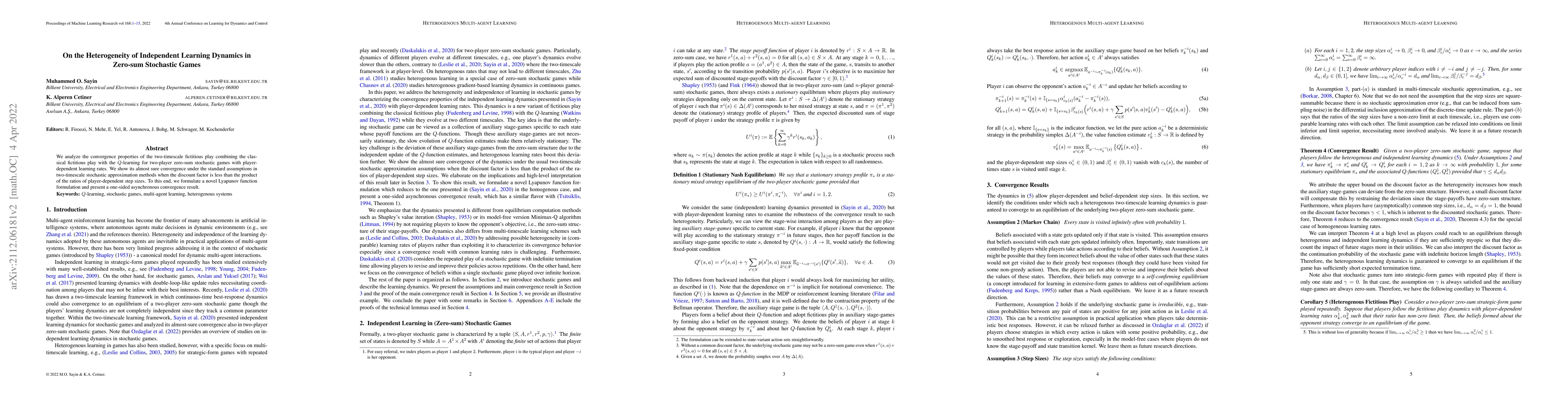 Thumbnail for On the Heterogeneity of Independent Learning Dynamics in Zero-sum
  Stochastic Games