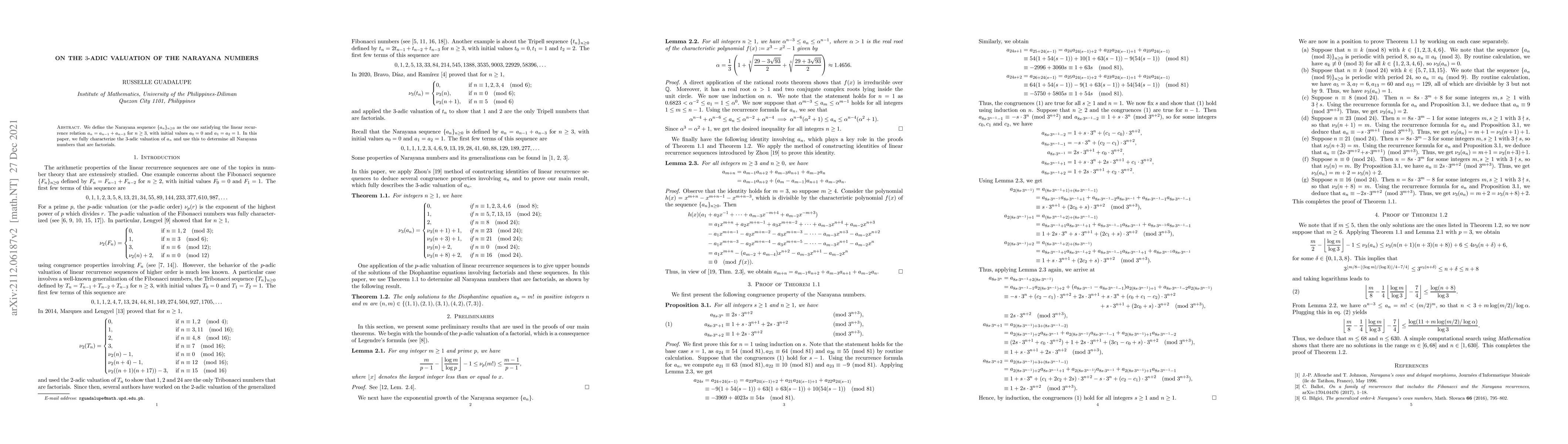 Thumbnail for On the $3$-adic valuation of the Narayana numbers