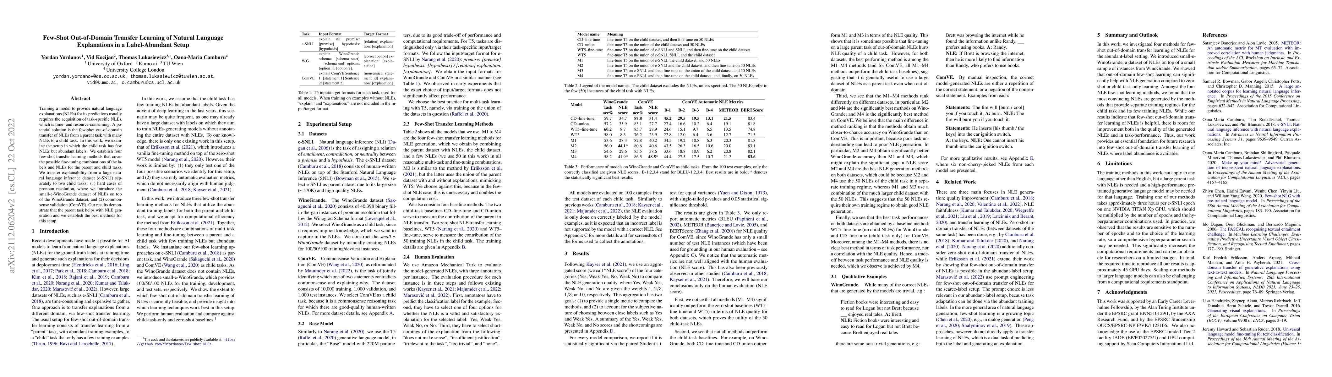 Thumbnail for Few-Shot Out-of-Domain Transfer Learning of Natural Language
  Explanations in a Label-Abundant Setup