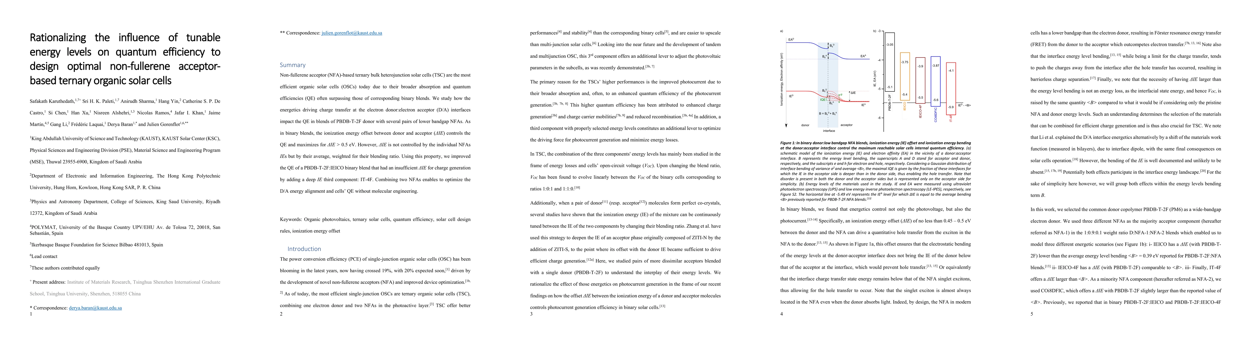 Thumbnail for Rationalizing the influence of tunable energy levels on quantum
  efficiency to design optimal non-fullerene acceptor-based ternary organic
  solar cells