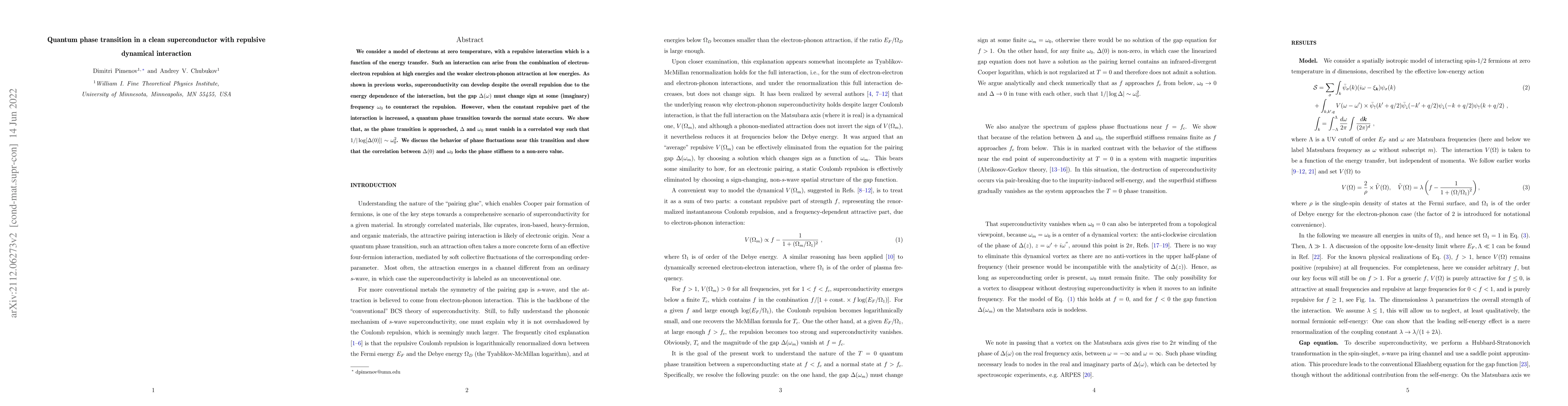Thumbnail for Quantum phase transition in a clean superconductor with repulsive
  dynamical interaction