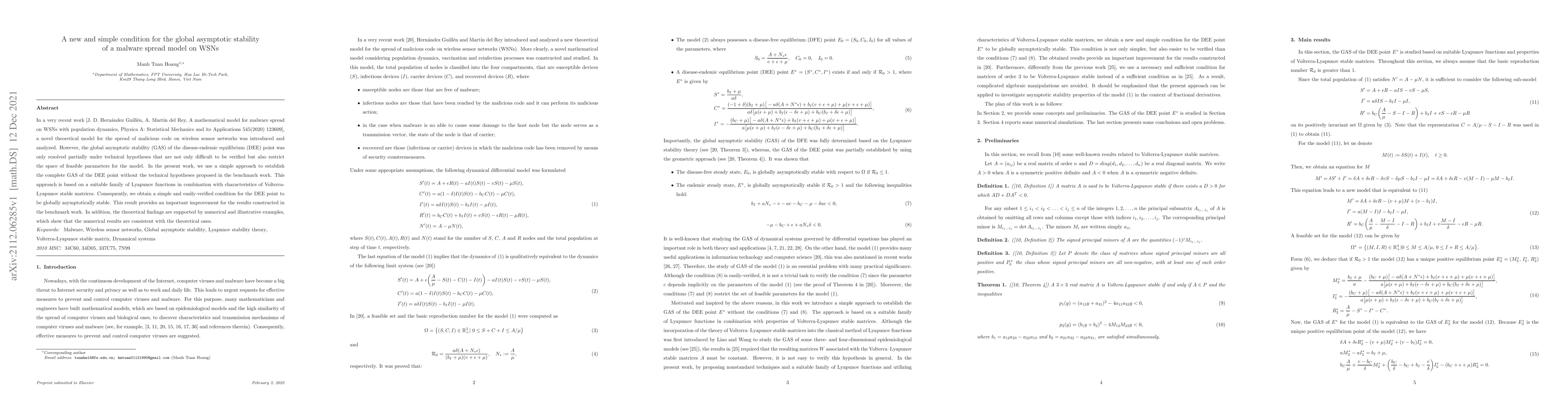 Thumbnail for A new and simple condition for the global asymptotic stability of a
  malware spread model on WSNs