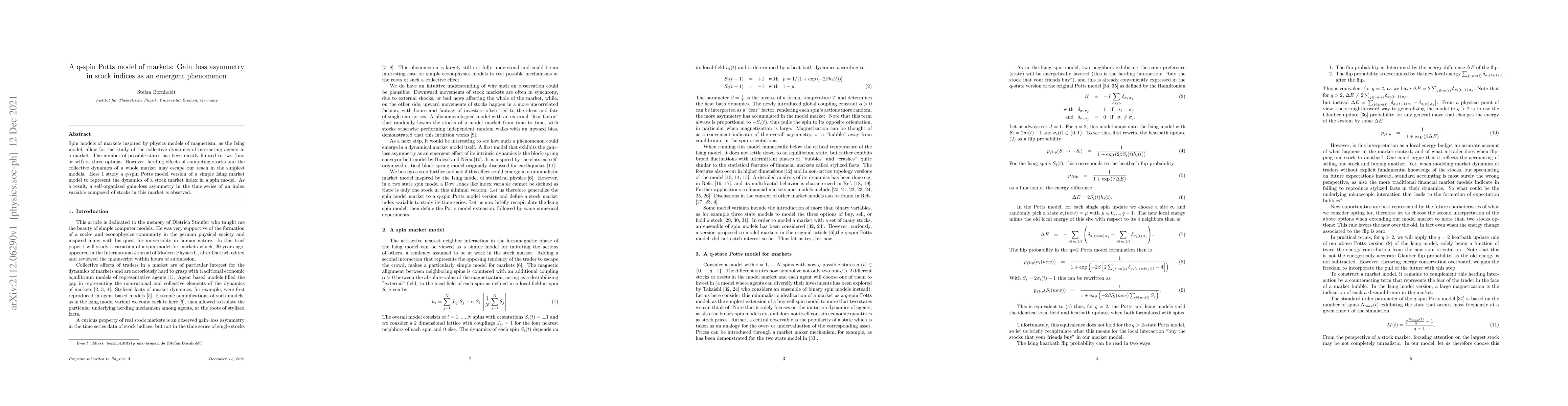 Thumbnail for A q-spin Potts model of markets: Gain-loss asymmetry in stock indices as
  an emergent phenomenon