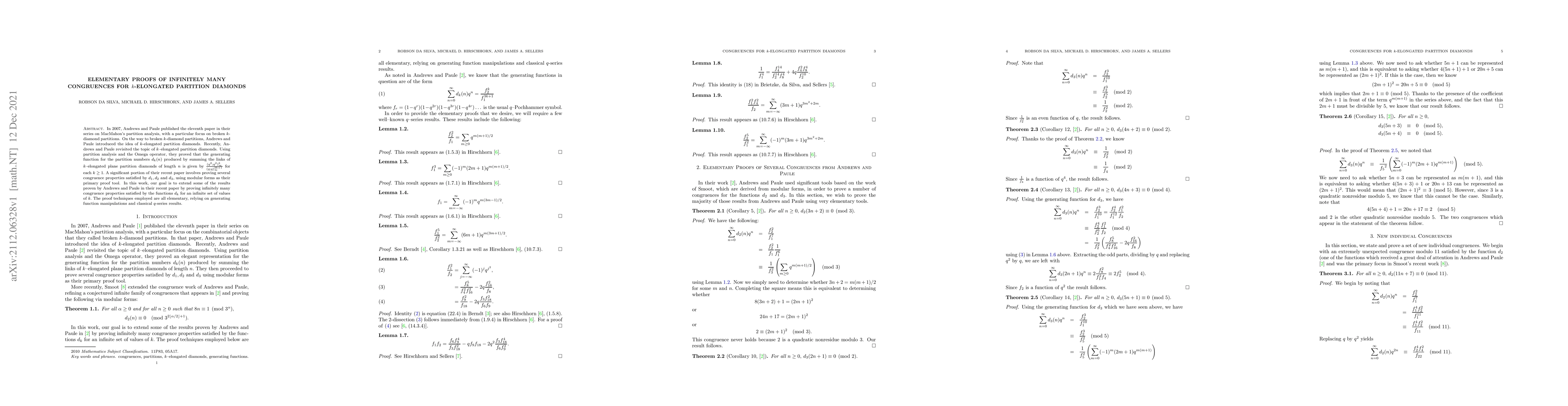 Thumbnail for Elementary Proofs of Infinitely Many Congruences for $k$-Elongated
  Partition Diamonds
